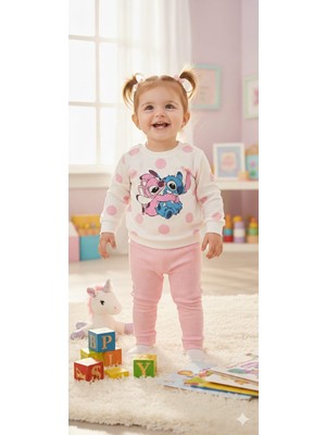 Kız Çocuk Smile Stitch Desenli Sweatshirt - Fitilli Taytlı 2'li Takım