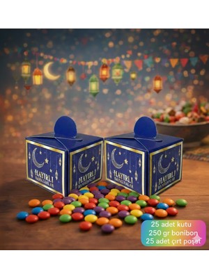 Zenviva 25 Adet Hayırlı Ramazan Baskılı KUTU+250 gr Bonibon Çikolata+25 Adet Kilitli Poşet,  Ikram, Ramazan Hediyeliği