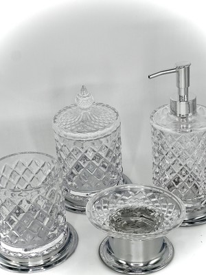 Kozak Kristal Serisi Cam Banyo Seti, 4 Parça Sıvı Sabunluk,fırçalık,katı Sabunluk,pamukluk