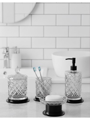 Kozak Kristal Serisi Cam Banyo Seti, 4 Parça Sıvı Sabunluk,fırçalık,katı Sabunluk,pamukluk
