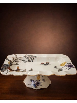 Porselen Yapraklı Kuşlu Dikdörtgen Ayaklı Sunumluk 30 cm