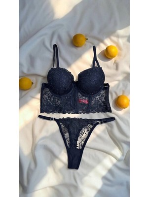 Arona Kadın Destekli Çiçek Desenli Brode Lacivert Büstiyer Takımı