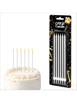 Süsle Bebek ve Parti Metalik Gümüş Ince Uzun Pasta Mumu 19 cm - 6 Adet