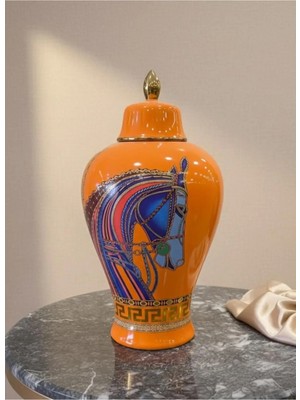 Porselen Turuncu At Figürlü Kapaklı Vazo 50*25 cm