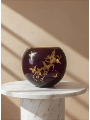 Mürdüm Kelebek Desenli Yatsı Vazo 30*26 cm
