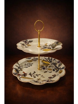 Porselen Yapraklı Kuşlu Iki Katlı Kurabıyelık 26.5*23 cm