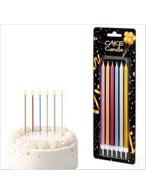 Süsle Bebek ve Parti Metalik Çok Renkli Ince Uzun Pasta Mumu 19 cm - 6 Adet