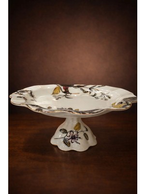 Porselen Yapraklı Kuşlu Ayakkı Pasta Tabağı 34 cm