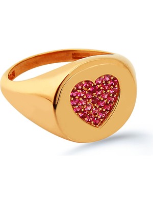 Kuyumcudükkanı Kırmızı Taşlı Kalpli Küçük Parmak Yüzüğü (Signed RING)-10382-R-R