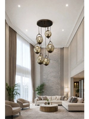 Kafkas – Royal 6’lı Halkalı Füme Glop Cam Sarkıt Avize