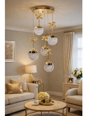 Kafkas 5 Li Kristal Kelebekli Şeker Toplu Gold Sarkıt LED Avize