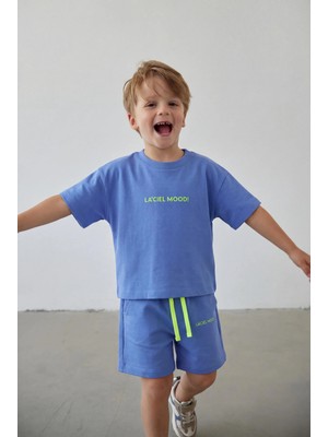 Magu Erkek Çocuk Pamuklu Mavi Slogan Baskılı T-Shirt ve Şort Eşofman Takım - Neon Bağcıklı