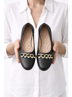 Slipcat Kadın Gold Zincir Taş Detaylı Düz Babet – Günlük & Ofis Şık Rahat Ayakkabı