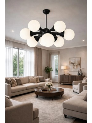 Kafkas – Luna 8’li Kirpi Siyah Opal Cam Modern Avize