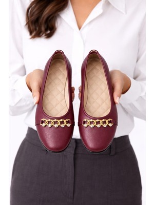 Slipcat Kadın Gold Zincir Taş Detaylı Düz Babet – Günlük & Ofis Şık Rahat Ayakkabı