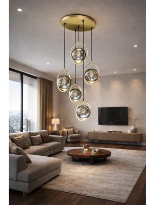 Kafkas – Orion 5’li Statik Gold Halka Füme Cam Sarkıt Avize