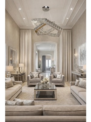 Kafkas 60X40 Altıgen Gümüş 2 Katlı Modern Kristal Avize