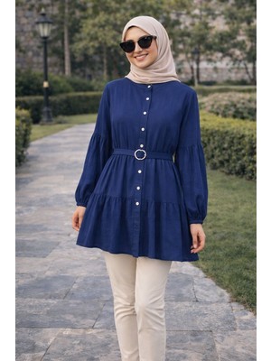 Moda Çilek Kumaş Tesettür Tunik Kemerli Düğmeli Yeşil Lacivert Rahat Günlük Mode