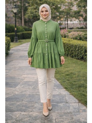 Moda Çilek Kumaş Tesettür Tunik Kemerli Düğmeli Yeşil Lacivert Rahat Günlük Mode