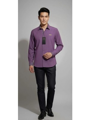 Erkek Mor Parlak Baskılı Uzun Kollu Gömlek