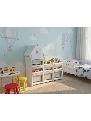 Saat Figürlü Çocuk Odası Oyuncak Düzenleyici ve Kitaplık - Çok Amaçlı Depolama Rafı