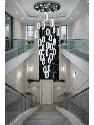 Kafkas Elips Gümüş 25’li Modern LED Sarkıt Avize – 80 cm Tepsili Galeri Boşluğu Avizesi