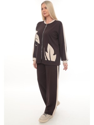 Zitex Baskı ve Taş Detaylı Yanları Garnili Modal Kumaş Büyük Beden Eşofman Takımı