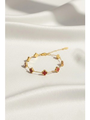 Arsem Altın Rengi Kırmızı Yonca Detaylı Van Cleef Şans Bilekliği