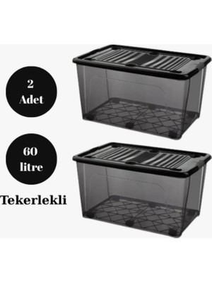 Qs Plastik Depolama Saklama Kutusu Düzenleyici Tekerlekli Kilitli Saklama Kabı Antrasit 2 Adet 60 Lt
