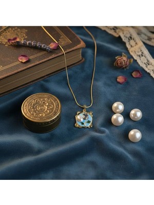 Arsem Mavi Mineli Incili Vintage Madalyon Kolye