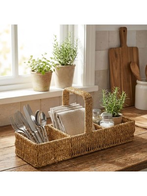 Emt Pazarlama® 3 Bölmeli Plastik Rattan Düzenleyici-Saplı Masaüstü Organizer, Mutfak Kaşık Çatal Sepeti, Banyo & Ofis Çok Amaçlı Sunum Standı