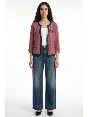 Sementa Suni Deri Biyeli Yün Triko Ceket - Gül - Siyah