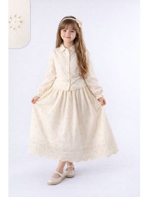 Tarz Çocuk Kız Çocuk Bej Brode Gömlek Etek Takım 7-14 Yaş – Uzun Tesettüre Uygun Şık Kombin