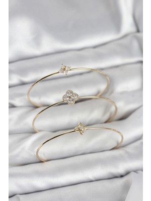 Prativas Zirkon Taşlı Gold Renk Yonca Tasarım 3lü Kadın Bileklik Kombini - PRT3500EB10646