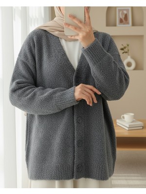 Modamorfo Düğmeli Salaş Triko Hırka -Füme