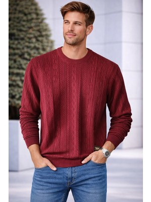 İnce Moda Giyim Desenli Bisiklet Yaka Erkek Triko Kazak – Bordo & Lacivert