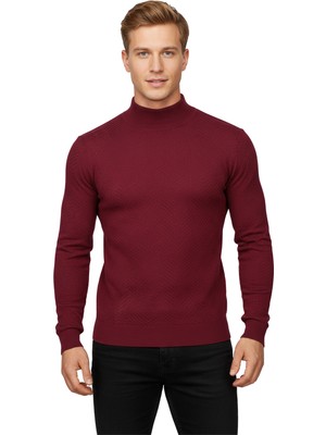 Rizzup Bordo Dokulu Slim Fit Yarım Boğazlı Likralı Erkek Triko Kazak 2505516