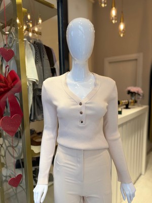 Asl Woman Kadın Ekru V Yaka Gold Düğme Detaylı Fitilli Triko Bluz