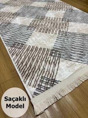 NarStore Home Krem Kahverengi Saçaklı Modern Kaymaz Taban Yıkanabilir Kesme Yolluk Halı