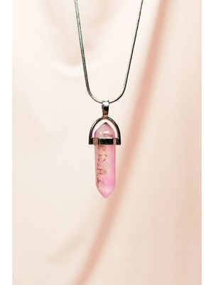 Herşeytrend Pembe Kuvars Doğal Taşı Zincirli El Yapımı Tasarımlı Kolye Uç: 3,5 cm Zincir: 20 cm Kutulu