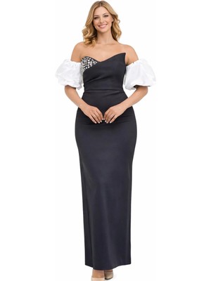 Tek Omuzlu Taş Detaylı Uzun Abiye Elbise Balon Kol Detaylı Şık Gece Elbisesi