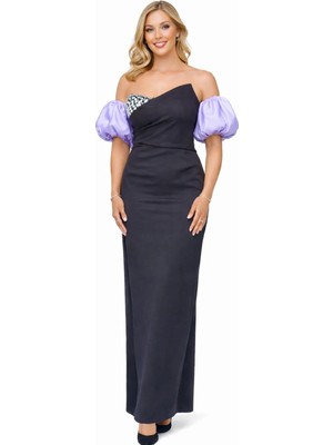 Tek Omuzlu Taş Detaylı Uzun Abiye Elbise Balon Kol Detaylı Şık Gece Elbisesi