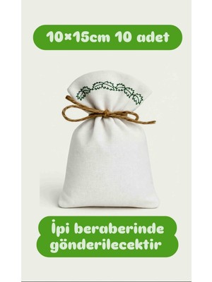 Alasmiel 10 Adet 9×12 cm Yeşil Nakışlı Ham Bez Kese Çok Amaçlı Bez Poşet