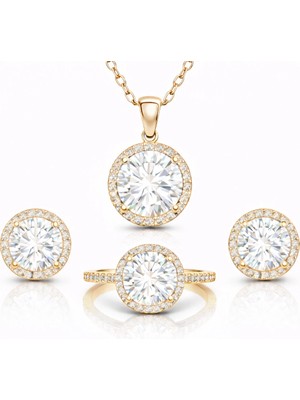 Inure Jewelry Gümüş Gold Yuvarlak Montür Tek Taş Kadın Set