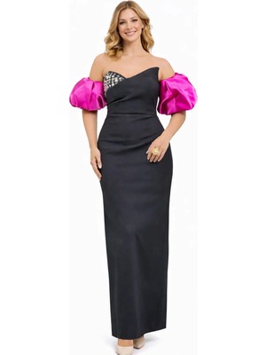 Tek Omuzlu Taş Detaylı Uzun Abiye Elbise Balon Kol Detaylı Şık Gece Elbisesi