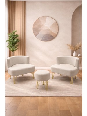 Ay Concept Pure 2'li Çay Seti Berjer ve Puf Takımı Keten Kumaş