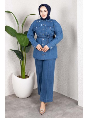 Taş Detaylı Kuşaklı Denim Tesettür Takım Açık Mavi