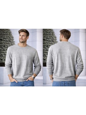 İnce Moda Giyim Minimal Dokulu Bisiklet Yaka Erkek Triko Kazak – Gri