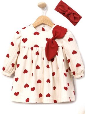 Beren Bayramlık Kalp Desenli Fiyonk Detaylı Fitilli Örme Elbise ve Bandana Takım