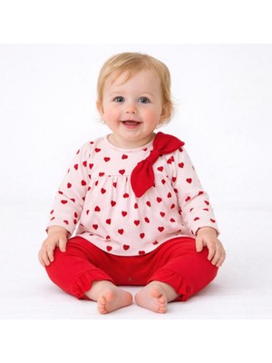 Yenidoğan Kız Bebek 2'li Takım %100 Pamuk Kalp Desenli Fiyonklu Alt Üst Bebek Takımı